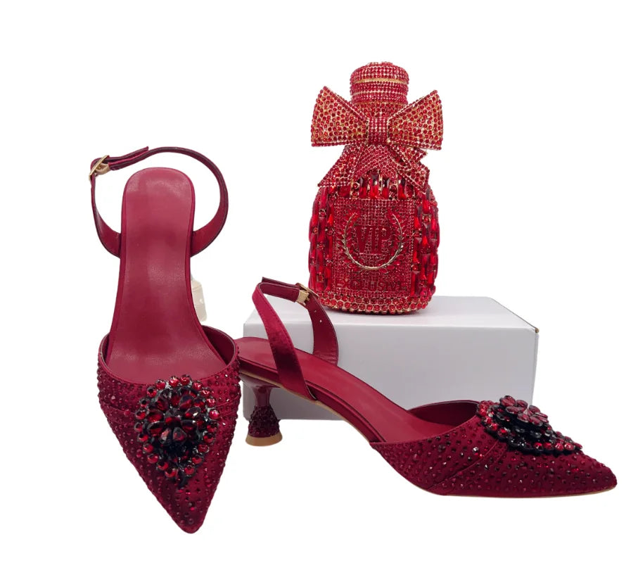 INSIGHTLINK Wine Color Rhinestone high heel shoes And Bag Fashion Style Pointed-Toe Shoes For Women Luxury Wedding Party Sandals