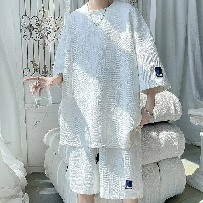 2026 3D Men's new Waffle TZ30 Summer Suit  Casual T-shirt + Shorts Suit Men's Tracksuit Solid color tracksuit loose suit