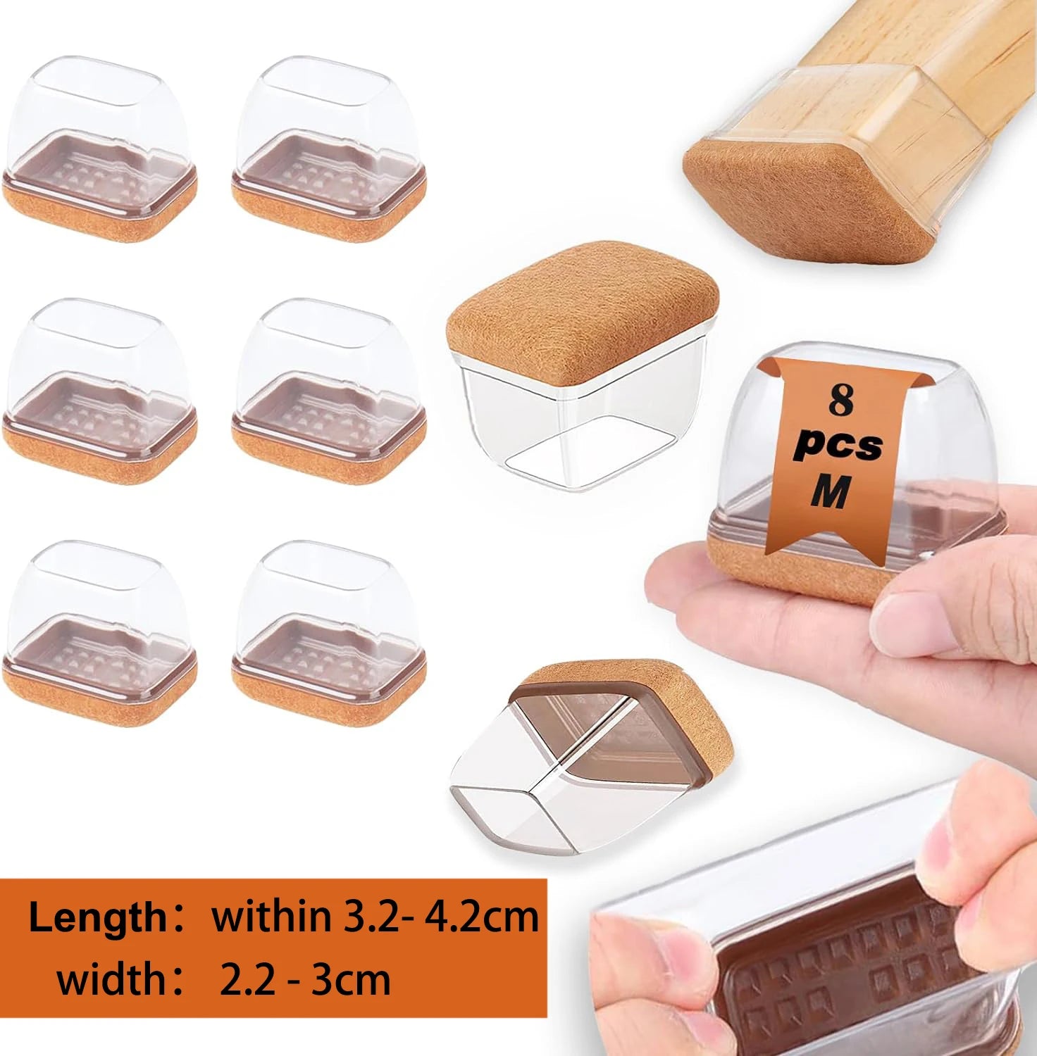 8PCS  Silicone Chair Leg Floor Caps Protectors Rectangle with Felt Foot End Caps Covers width 22-32mm for Chair Table No Noise