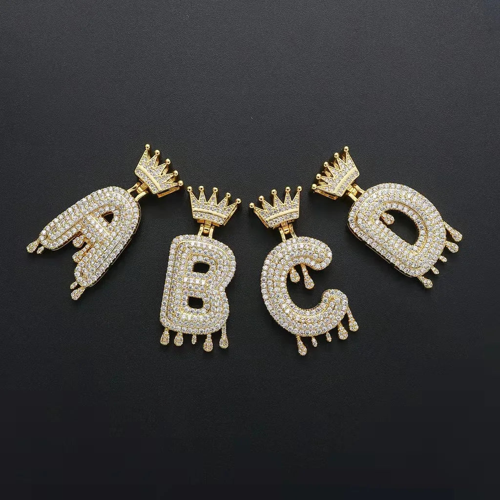 Hip Hop Iced Out Bling Cubic A-Z Drip Crown Zircon Initial Letters Necklaces Pendant Necklace Chain Men Jewelry with Rope Chain