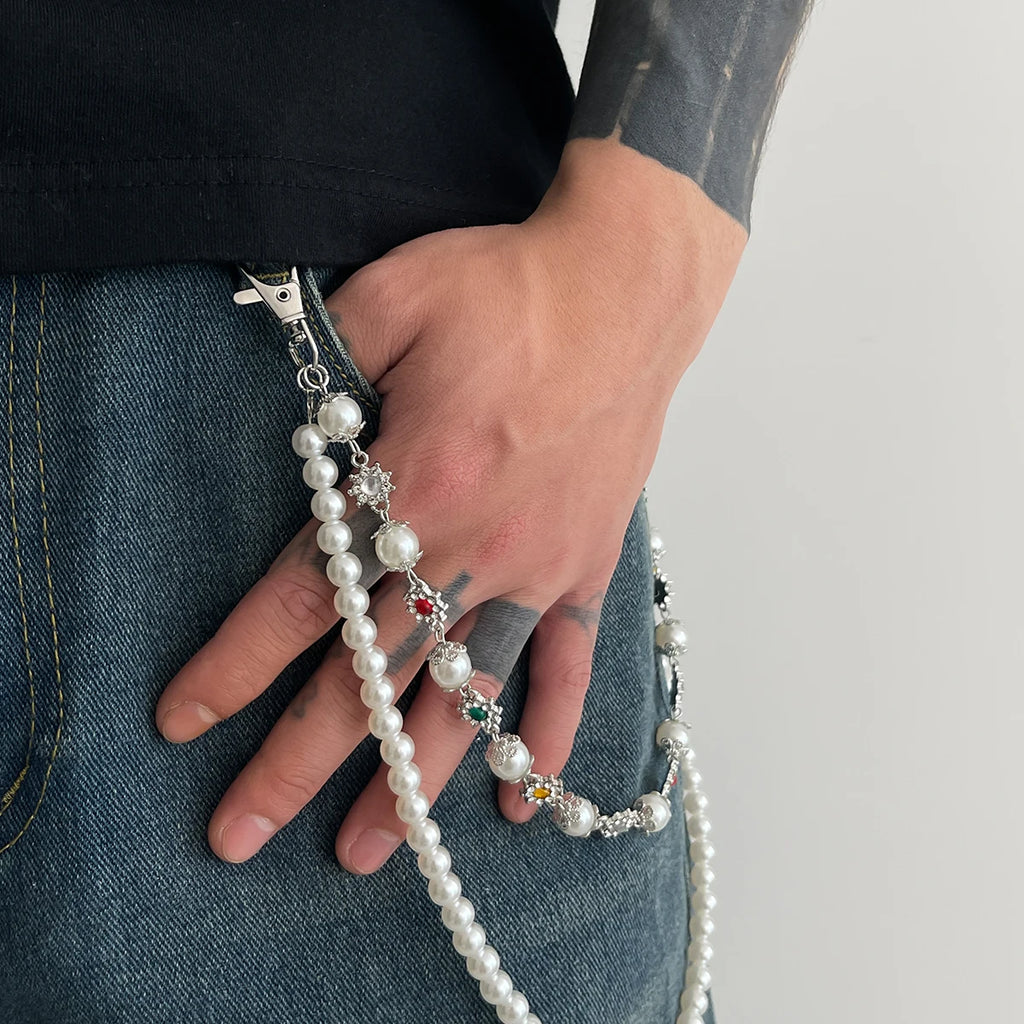Salircon 2026 Exquisite Luxury Imitation Pearl Keychain Wallet Belt Chain Men Punk Trousers Hipster Pant Chain HipHop Jewelry