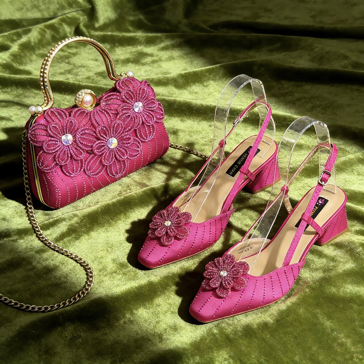 Party Shoes and Bag Ladies Heel Decoration Pure Elegant Flower Wedding Shoes and Bag Full Rhinestone Fashion Handbag