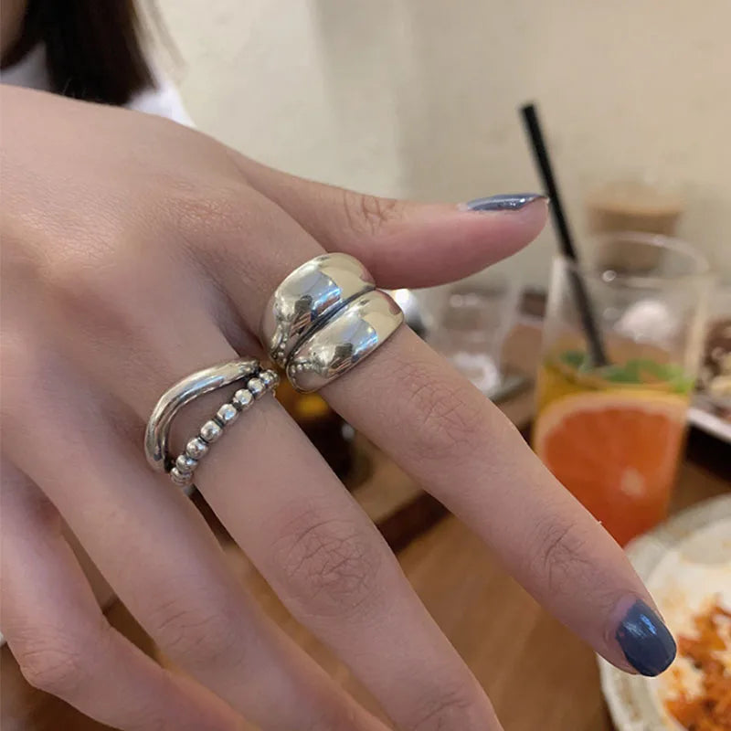 925 Silver Rings for Women Thick Wave Wide Solid Double-layer Punk Trendy Couple Female Party Birthday Gift