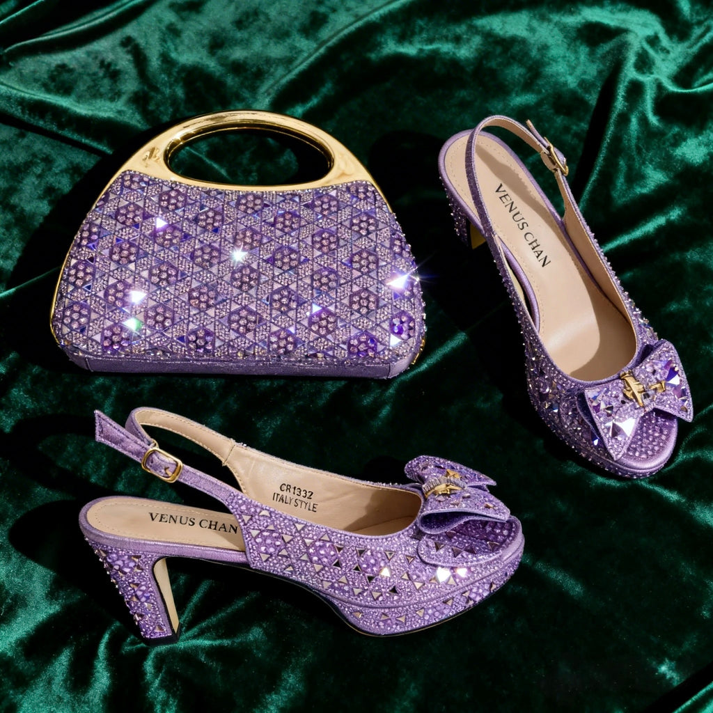 Chic Light Purple Rhinestone Peep-Toe High Heel Sandals and Bag Set for Women –Elegant Italian Party Shoes Perfect for Weddings