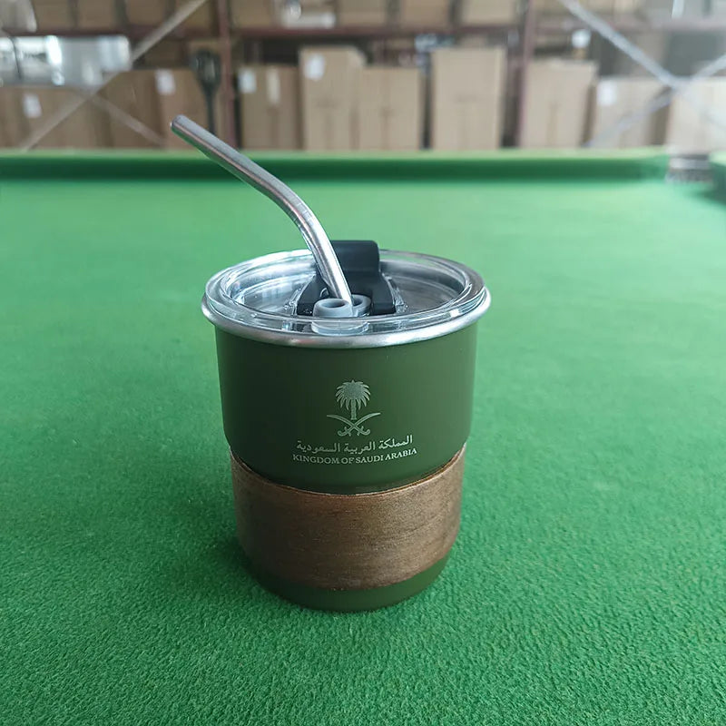 National Emblem of Saudi Arabia Logo Stainless Steel Cup Beer Mug with Lid wood 300ml Outdoor Camping Coffee Mug Includes straw
