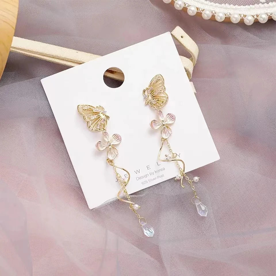 Korean Elegant Butterfly Earrings For Women Exquisite Crystal Zircon Long Tassel Flower Drop Earrings Girls Temperament Jewelry