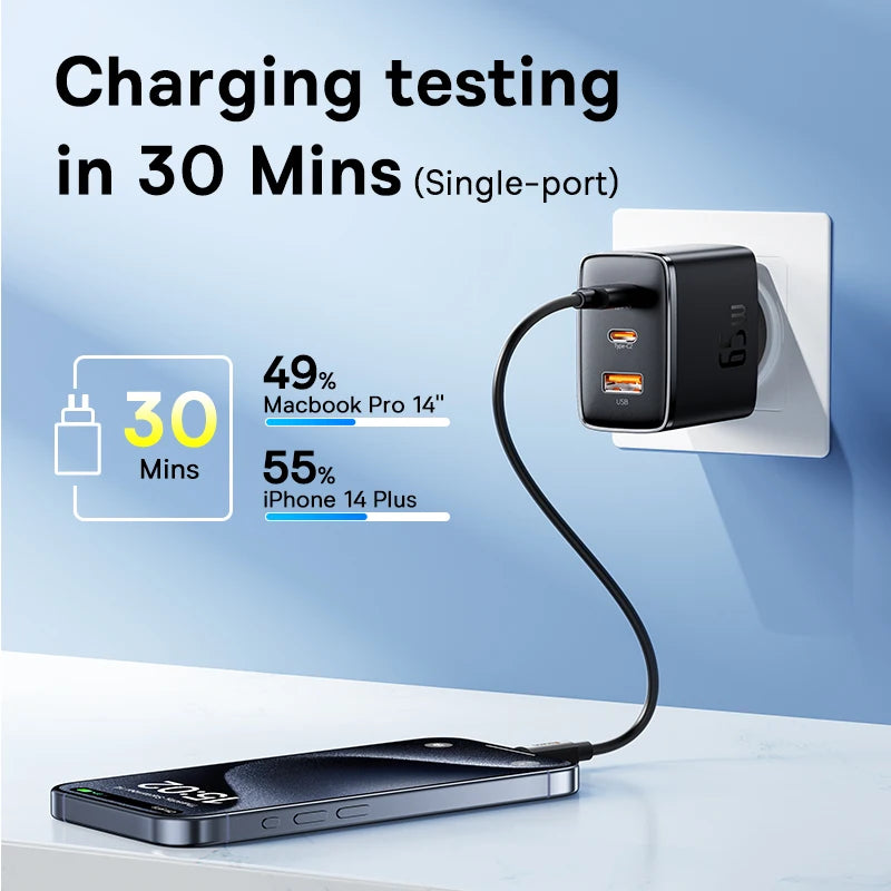 Baseus 65W GaN Charger PD Charge Type C USB Charger Support QC Portable Fast Charger For iPhone 17 16 15 14 13 12 Laptop Charger