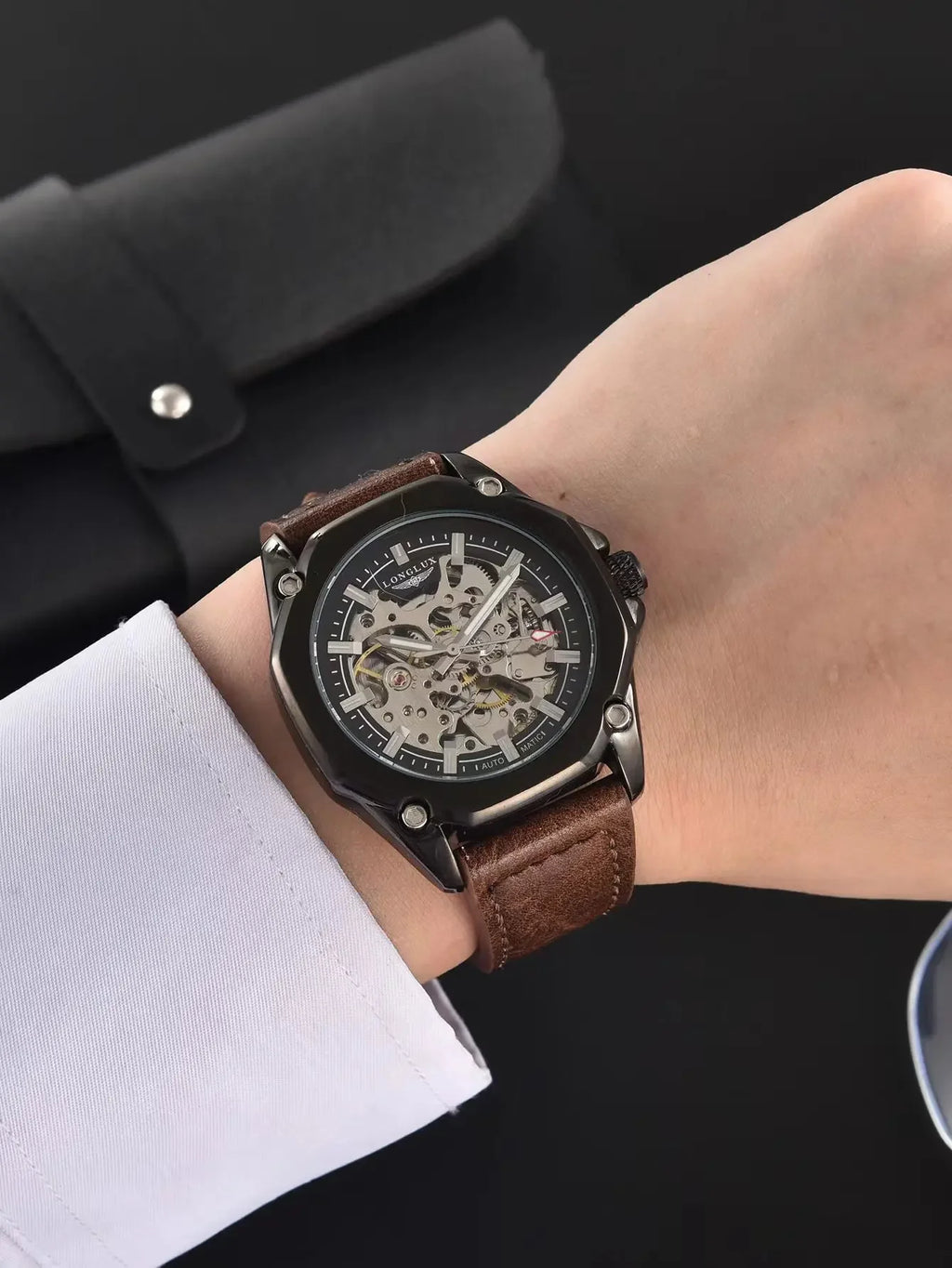 LONGLUX Automatic Watch Sport Style Wholesale Mechanical Wristwatches Fashion Hollow Leather Mens Watch Men Gift