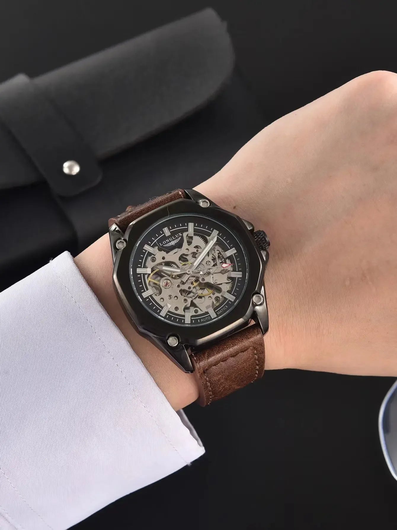 LONGLUX Automatic Watch Sport Style Wholesale Mechanical Wristwatches Fashion Hollow Leather Mens Watch Men Gift