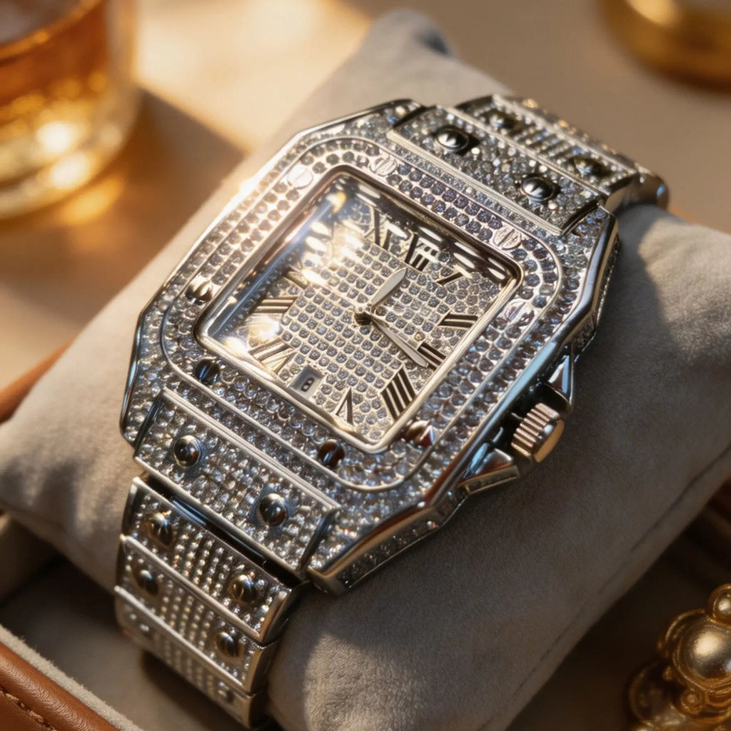 Luxurious Men's Quartz Watch, Fully Diamond-Encrusted with a Square Roman Numeral Dial, Featuring Date Display, Waterproof Design, Hip-Hop Style, Shiny Watch Suitable for Both Formal and Casual Occasions