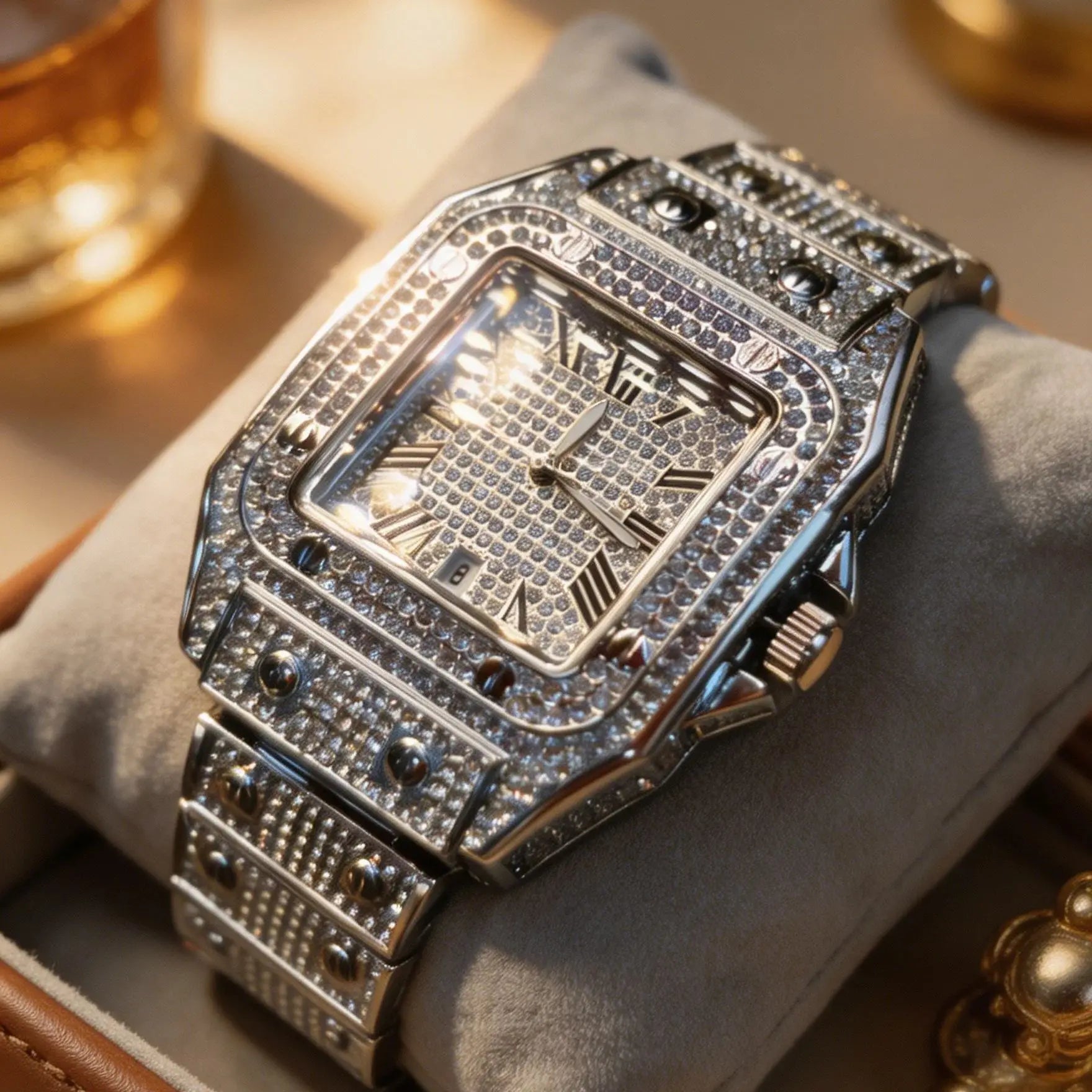 Luxurious Men's Quartz Watch, Fully Diamond-Encrusted with a Square Roman Numeral Dial, Featuring Date Display, Waterproof Design, Hip-Hop Style, Shiny Watch Suitable for Both Formal and Casual Occasions