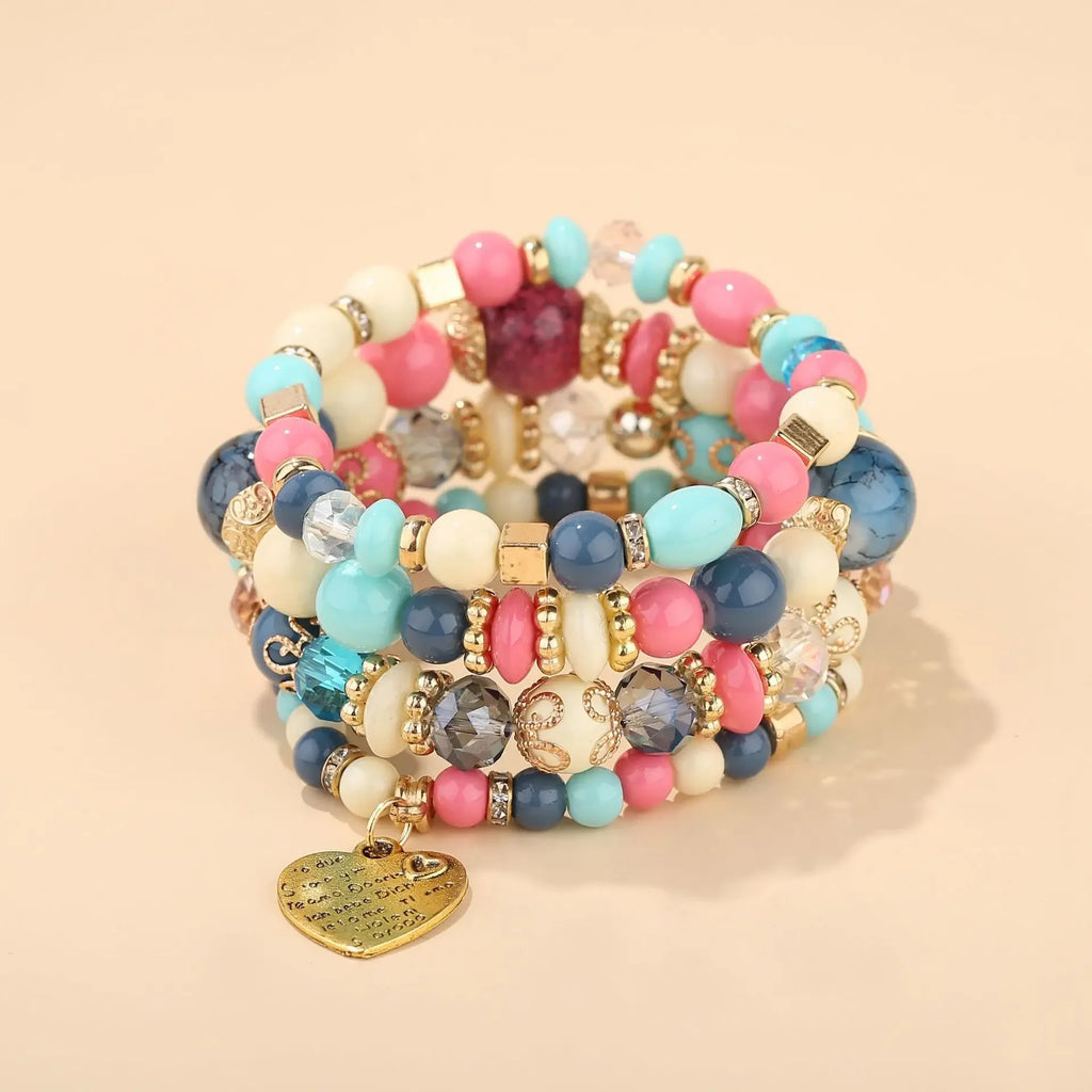4Pcs Boho Crystal Beads Chain Bracelet Set For Women Vintage Heart Charm Elastic Bangle Men Fashion Party Jewelry