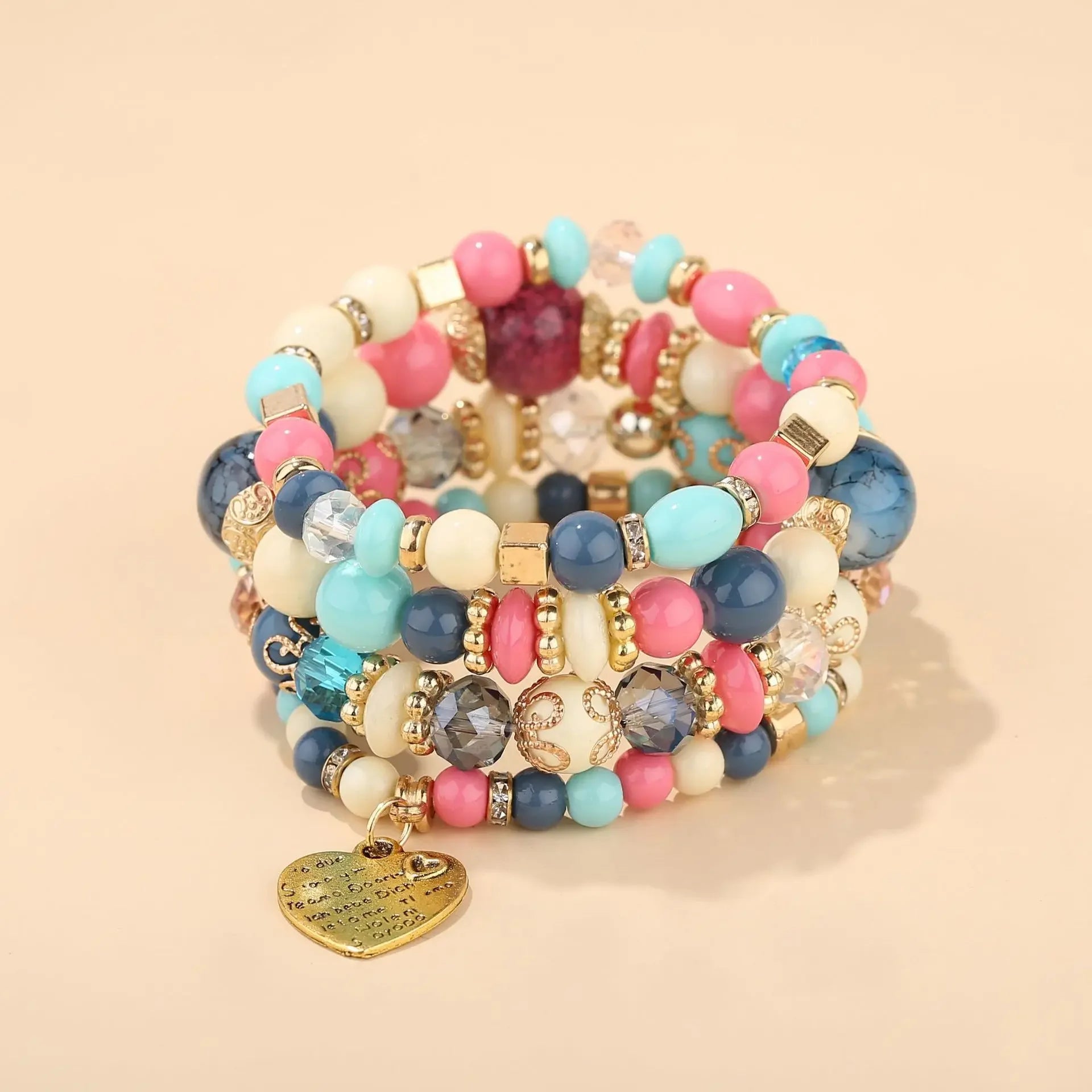 4Pcs Boho Crystal Beads Chain Bracelet Set For Women Vintage Heart Charm Elastic Bangle Men Fashion Party Jewelry