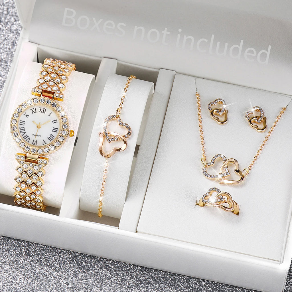 6PCS/Set Luxury Women Watches Fashion Rhinestone Roma Dial Bracelet Band Quartz Watch Jewelry Set Reloj Mujer（Without Box）