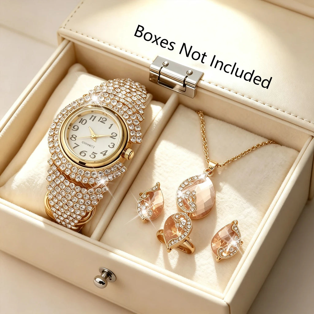 5PCS Luxury Diamond Watch Necklace Earrings Ring Set Fashion Women Crystal Bangle Quartz Wristwatch Jewelry Gifts（Without Box）