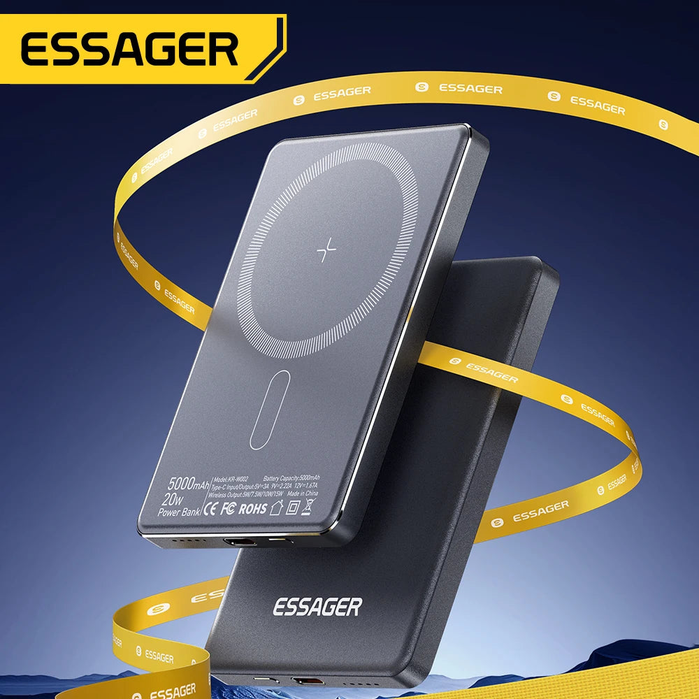 Essager Thin Wireless Power Bank 5000mAh 20W Fast Charging Portable External Battery Magnetic Magsafe Compatible for iPhone 1716