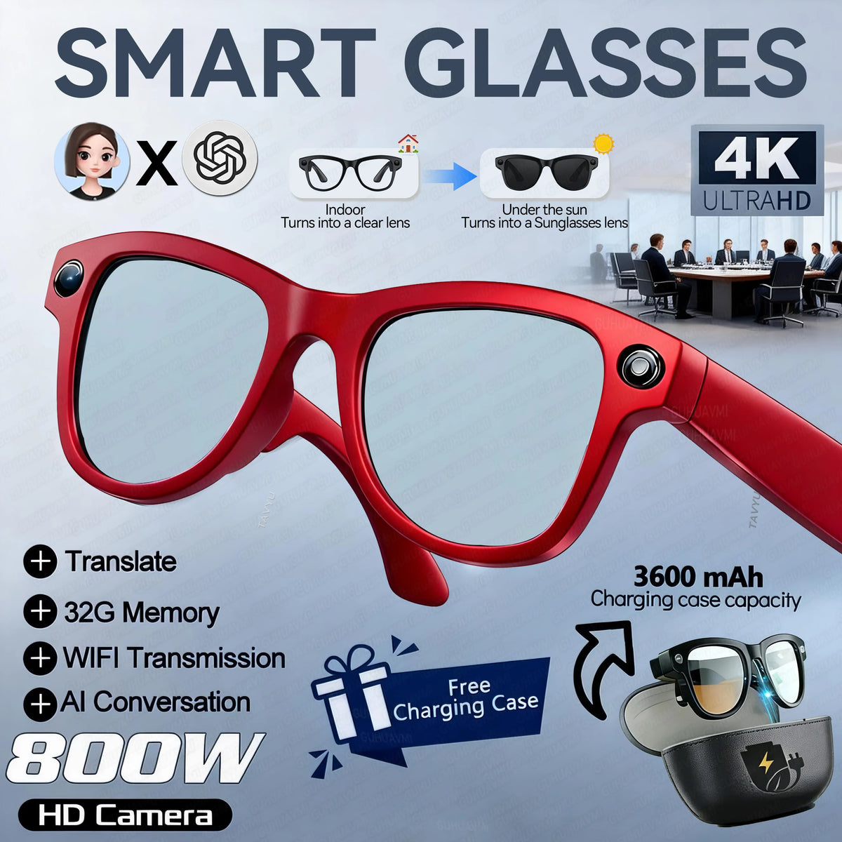 2026 New TOP1 Photochromic Smart Glasses 8MP HD Camera 30MP Photo 1200P Video Recording AI Translation Bluetooth Call Sunglasses