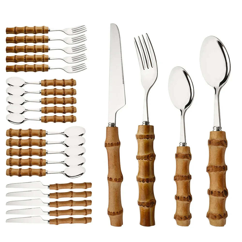 24Pcs Tableware Sets Stainless Steel Bamboo Cutlery SetPurely Natural Bamboo Handle Flatware Set Dinnerware Steak Knife Cutlery