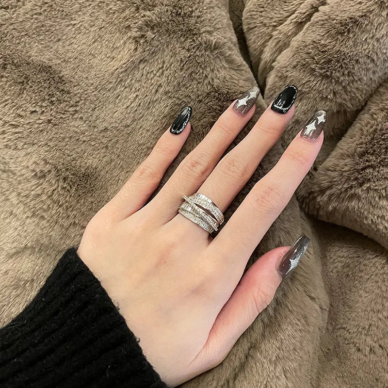 Light Luxury Inlaid Cubic Zircon Finger Ring For Women Classic Cross Design Open Ring Bride Jewelry For Engagement Wedding K0