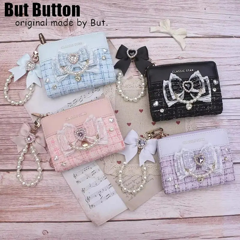 Kawaii Sweet Japanese Lolita Bow Wallet JK Harajuku Y2K Lace Rhinestone Short Wallet Mini Purse Card Holder Women Girls Gift