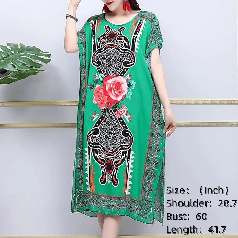 2025 Summer New Casual Elegant Retro Bohemian Style V-neck Elastic Waist Large Swing Printed Long Skirt Autumn Summer Dress