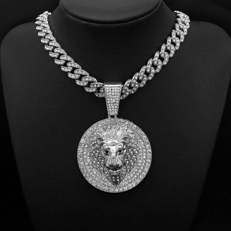 Hip Hop Big Lion Head Pendant Necklace Cuban Chain Necklace For Women Men Iced Out Full Rhinestone Necklace Jewelry Gifts