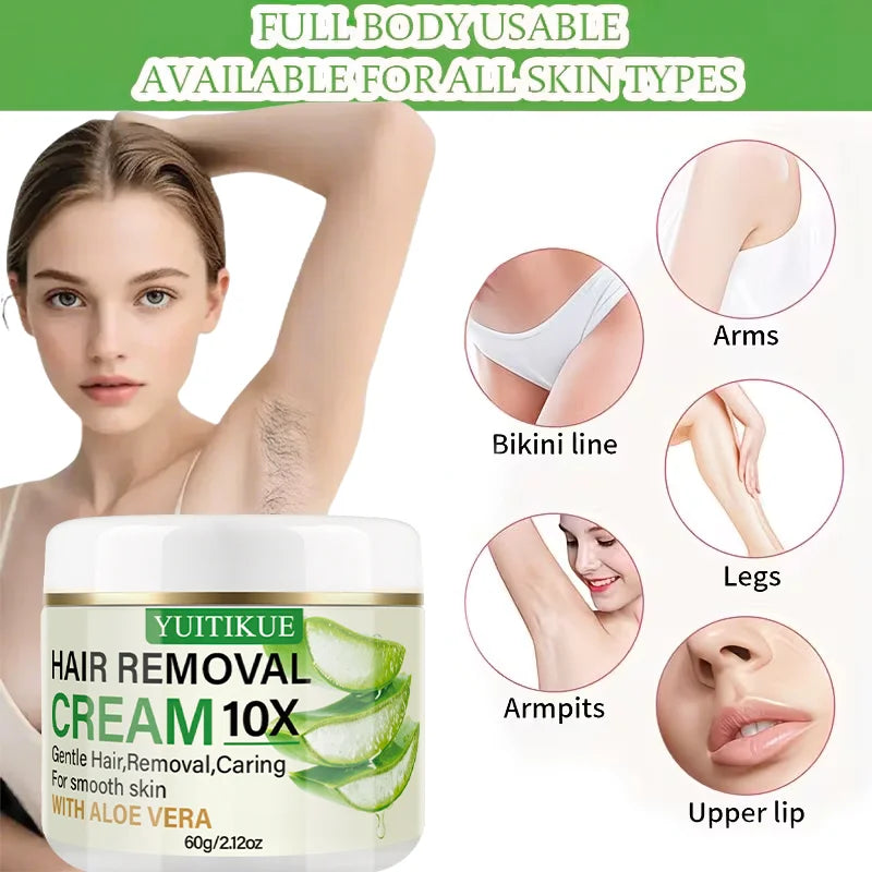 YUITIKUE Aloe Vera Hair Removal Cream, 60g Gentle 10X Hair Removal Cream for Smooth Skin Care