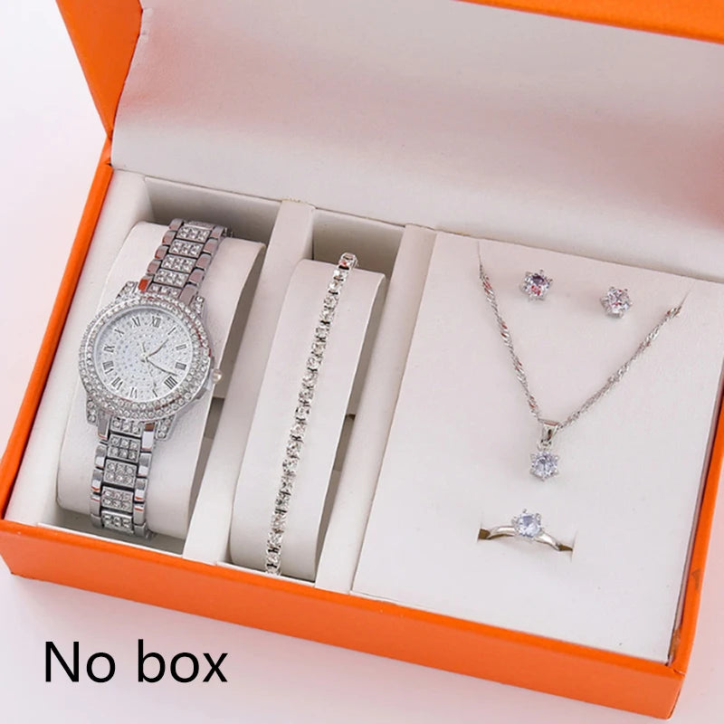 6Pcs Women's Rhinestone Quartz Watch Set Fashion Wrist Watch & Jewelry Set Gift