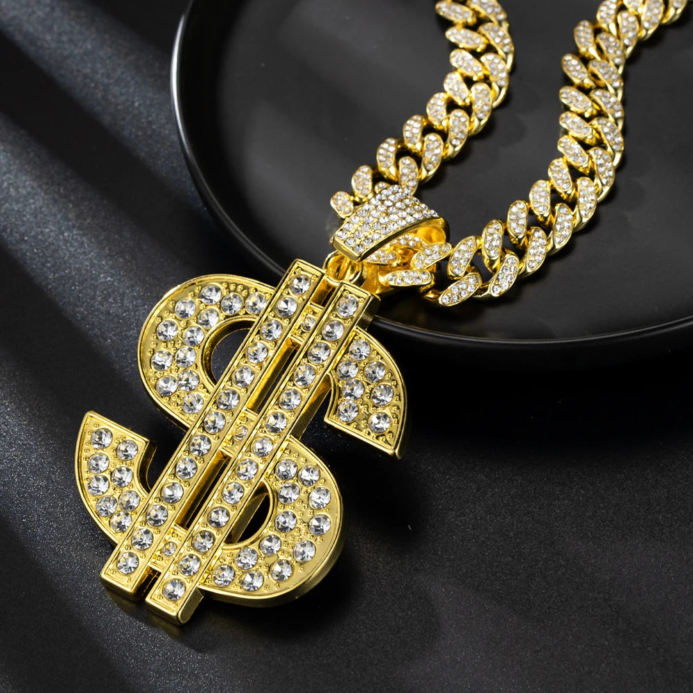 Fashion Hip Hop Dollar Pendant Necklace with 13mm Cuban Chain US Dollar Money Sign Necklaces Rap Rock Punk Jewelry For Man Gift