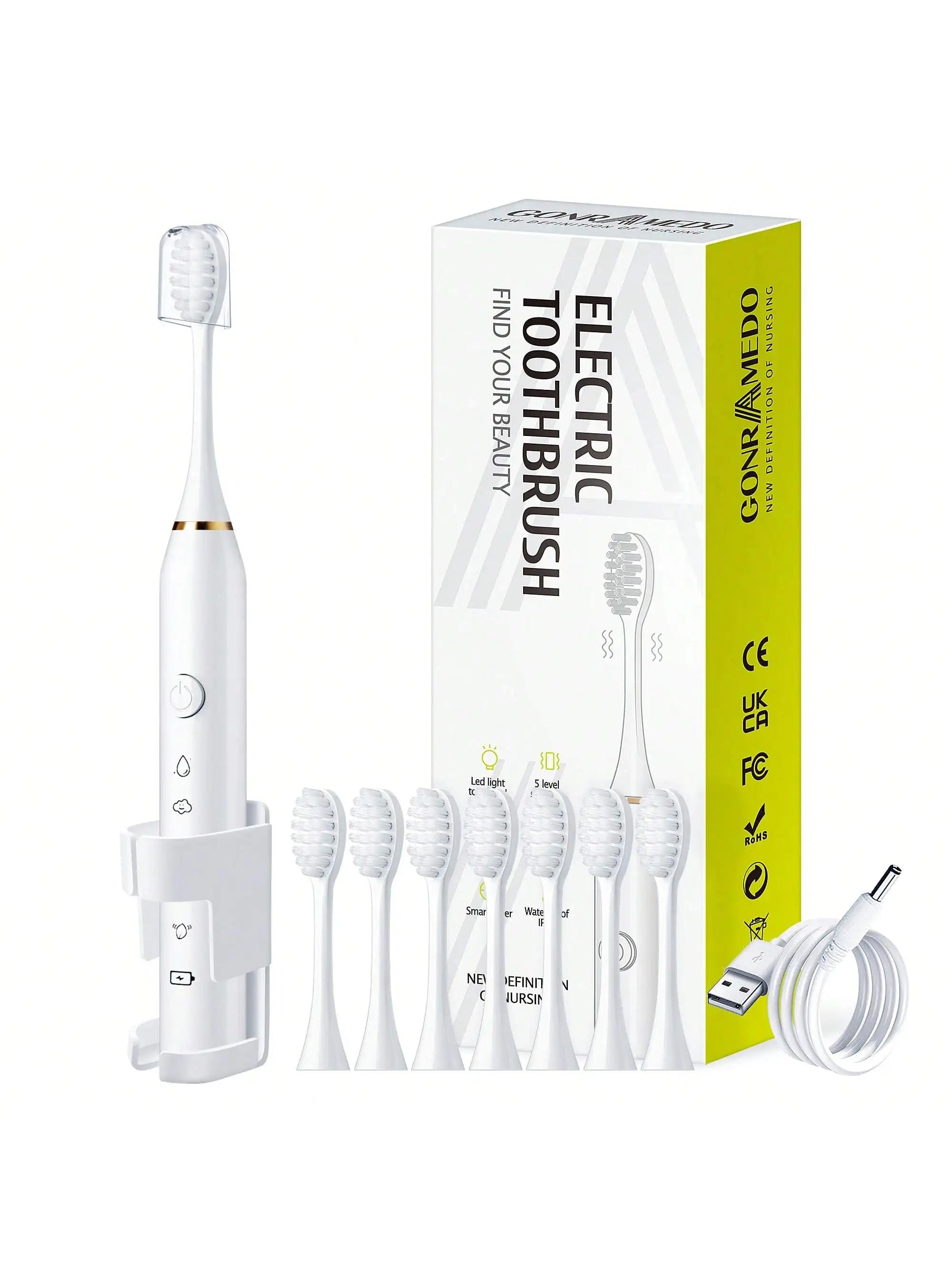 1PC Electric Toothbrush With 8 Replaceable Toothbrush Heads, A Wall-Mounted Bracket And A Dust Cover, USB Charging, 5-Speed Intelligent Cleaning Mode, Toothbrush Body, 7-Level Waterproof, Personal Oral Care Equipment Power To