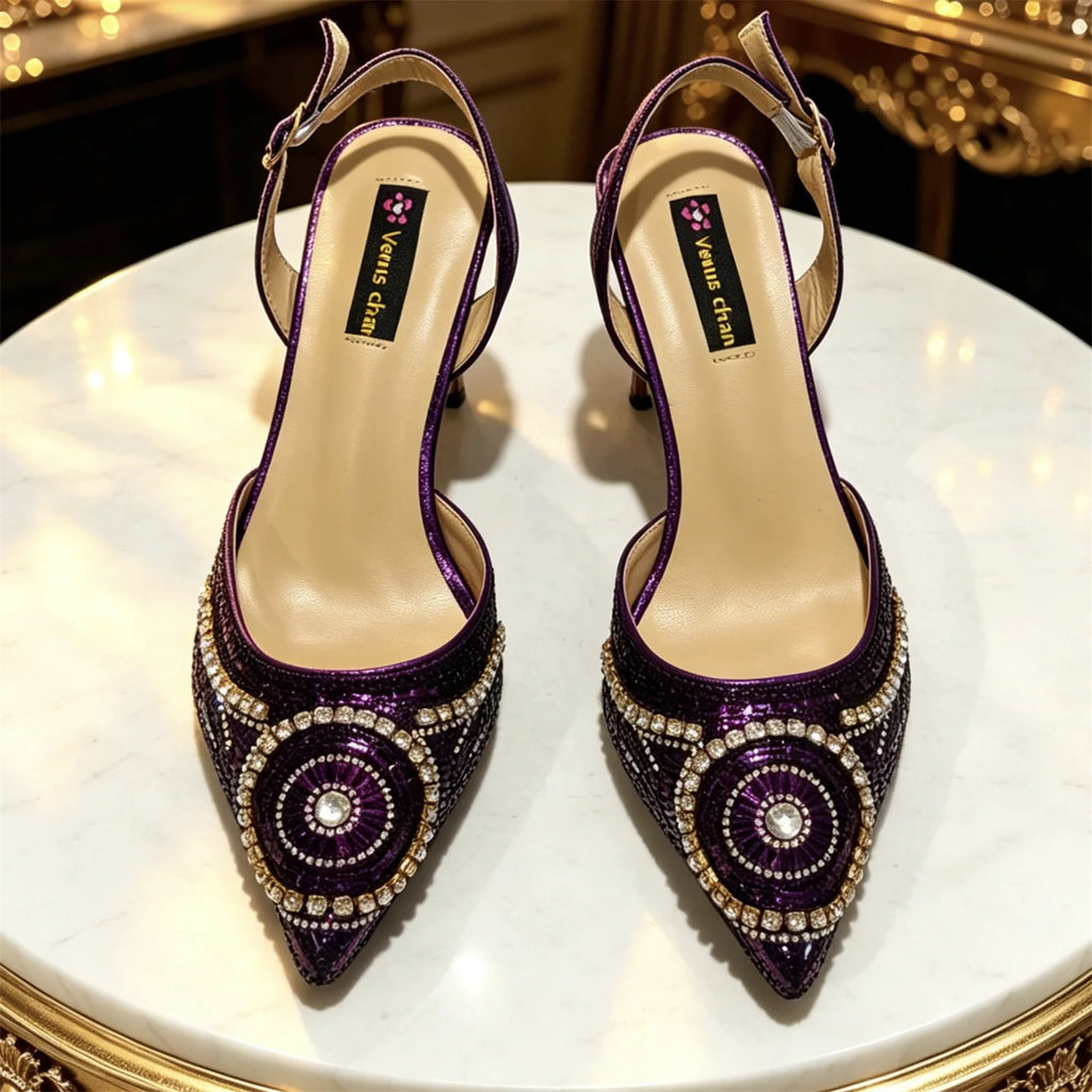 Elegant Purple Pointed Pumps Decoration Wavy Rhinestone Evening Bag For Wedding Women Heels Shoes Matching Bag Heels