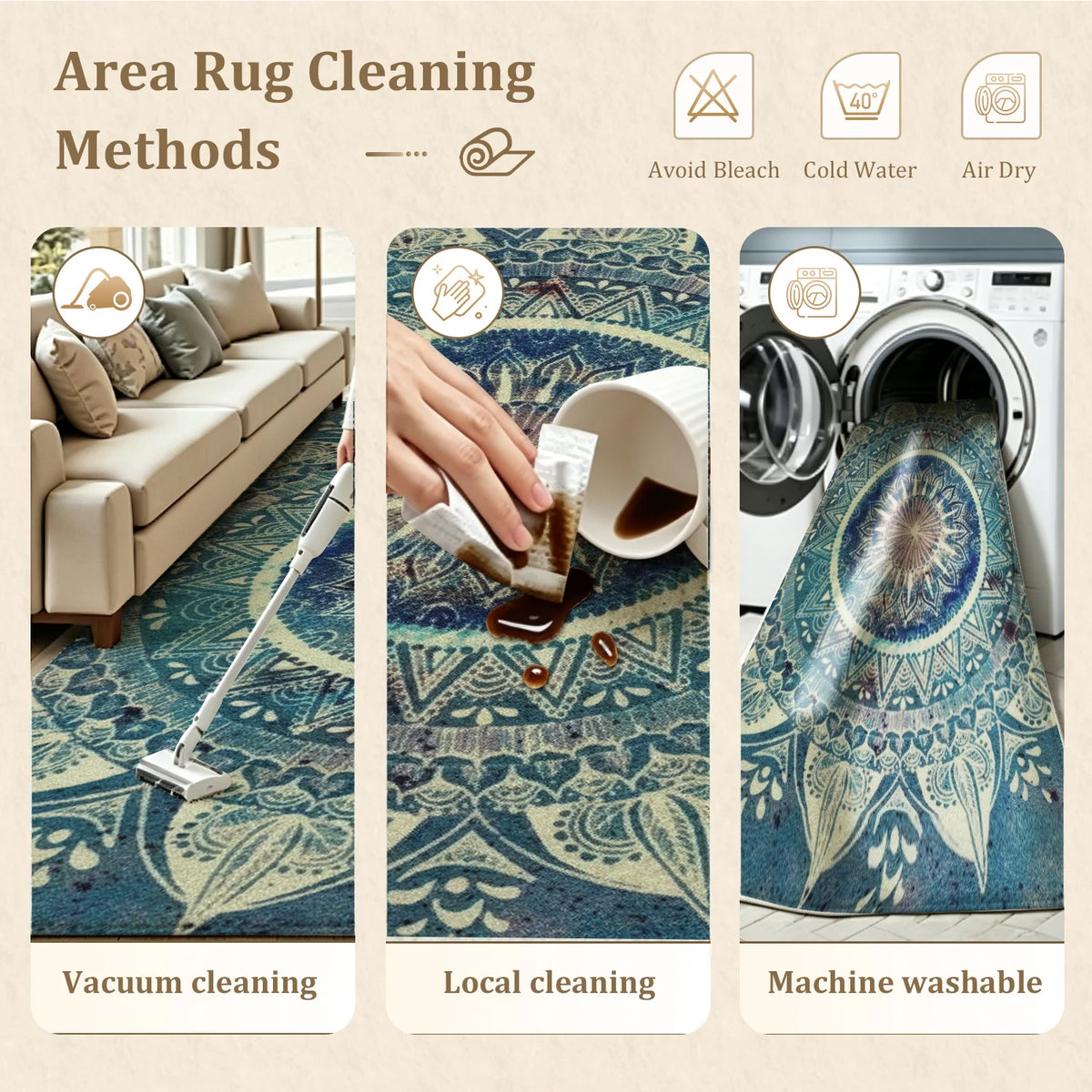 Large Indoor Area Rug, Soft Velvet Low Pile with Non-Slip Dotted Backing, Machine Washable, Blue Boho Mandala Pattern, Great for Living Room, Bedroom, Entryway Home Decor