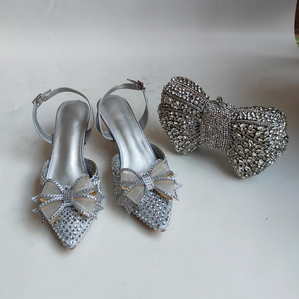 Insightlink New Orange Bow Crystal Slingback Heels Matching Grid Rhinestone Clutch Set Women Bridal Wedding Formal Party Kit