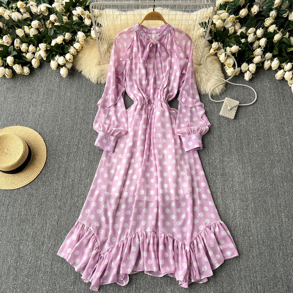 Retro Elegant Pleated Puff Sleeves dot sweet Dress Beach Vacation Casual Women A-LINE chiffon Fashion Summer basics Dresses