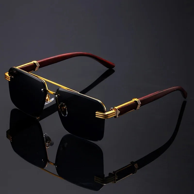 Women's Frameless Double Beam Fashion Sunglasses Golden Border Wood Grain Bracket for Male and Female Drivers Black Eyeglasses