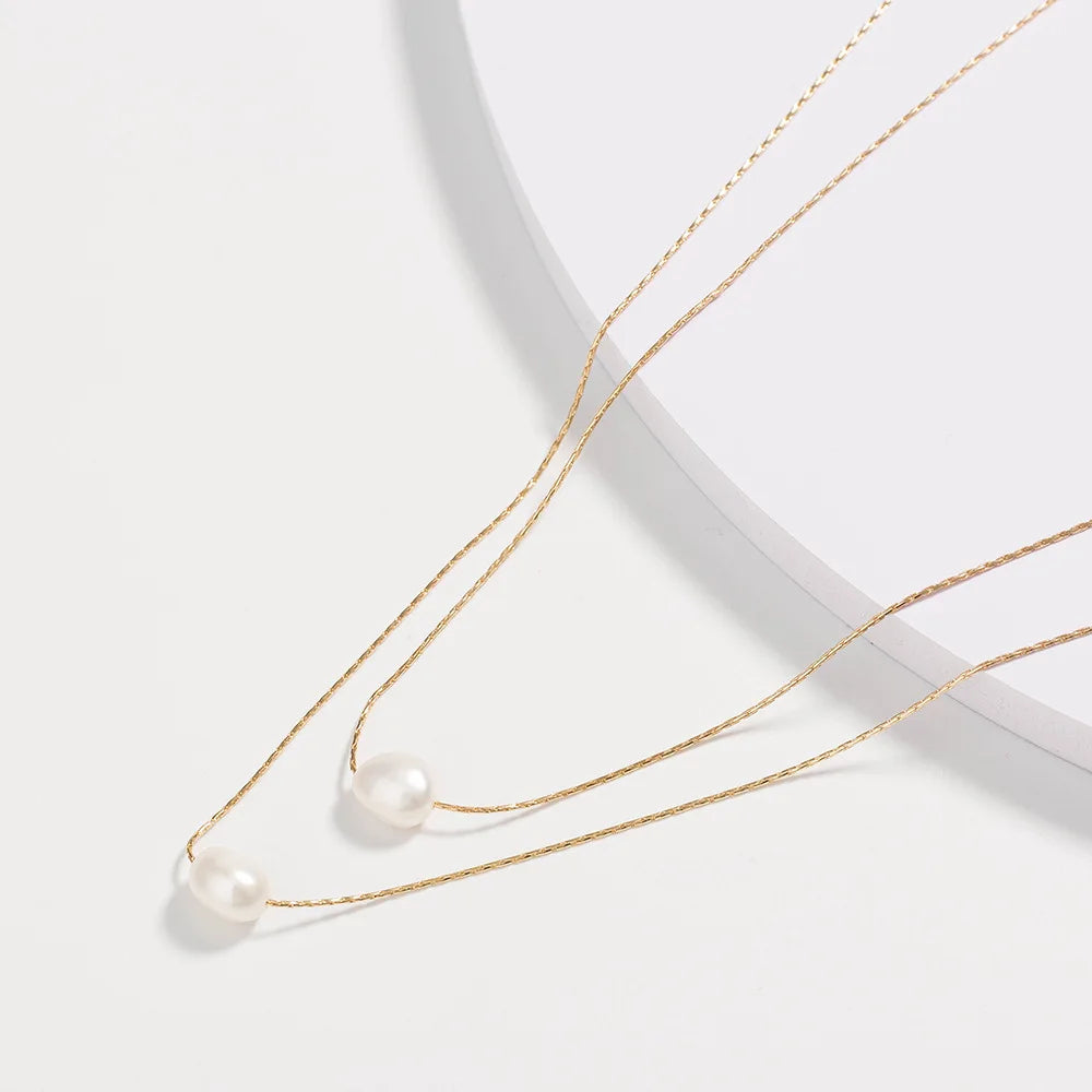 ZAKOL Simple Fashion Gold Color Double Layer Snake Chain Necklace Imitation Pearl Pendant Necklaces Choker Accessories