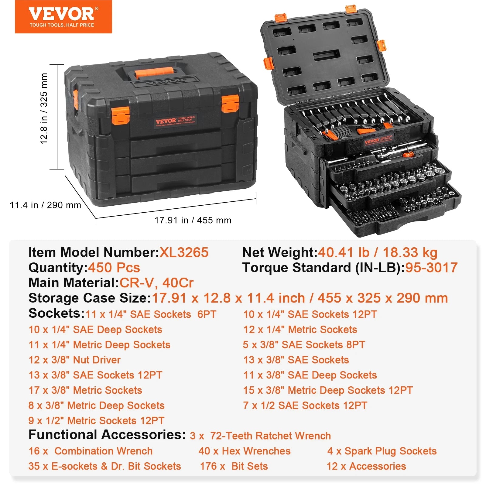 SucceBuy Mechanics Tool Set and Socket Set 1/4" 3/8" 1/2" Drive Deep Standard Sockets 450 Pcs SAE and Metric Mechanic Tool Kit