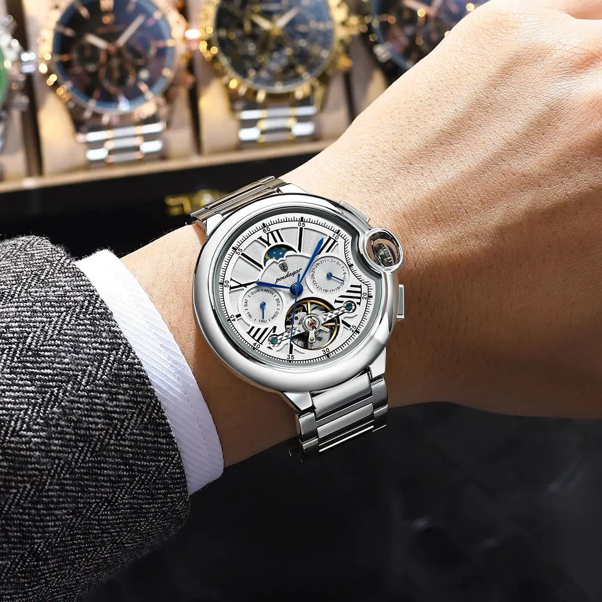 POEDAGAR Luxury Business Male Watch Date Week Stainless Steel Tourbillon Men Clock Waterproof Automatic Mechanical Men's Watches