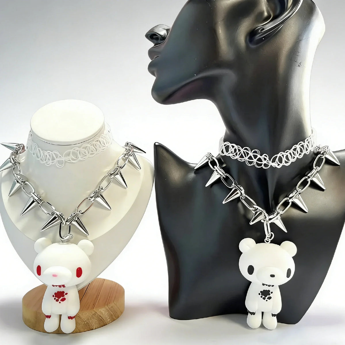 Gloomy Bear Spike Choker Necklace, Y2K Gothic Punk Rivet Chain with Cute Bear Pendant, Harajuku Alternative Jewelry for Women
