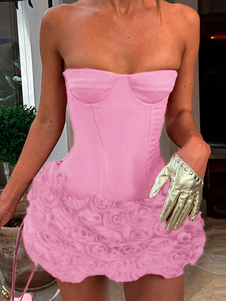 Retro 3D Floral Sexy Strapless Summer Tube Dress Women 2026 Fashion Slim Off Shoulder Birthday Party Prom Dresses Ball Gown Mini