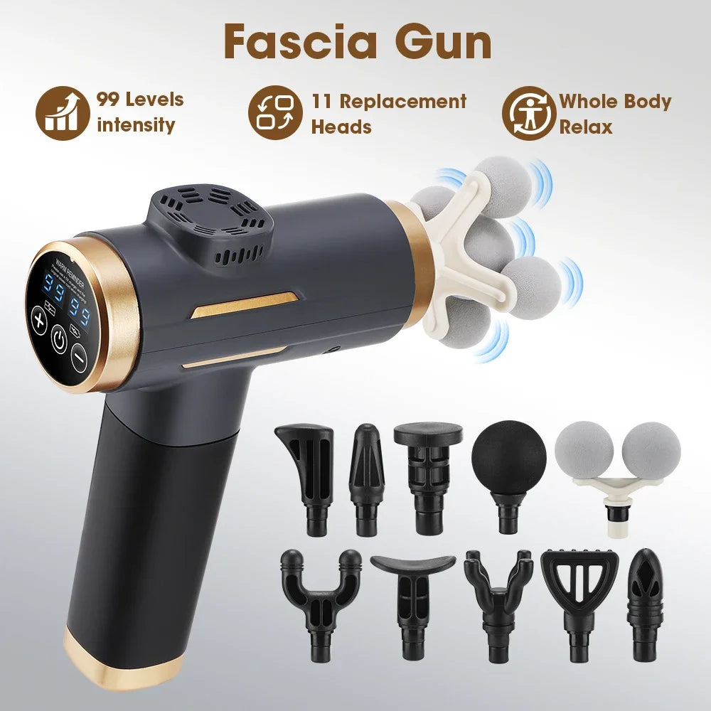 Electric Fascia Gun 24W 99 Gear Adjustable 11 Replacement Head Deep Tissue 8mm Percussion Massager Rechargeable Home Gym Massage