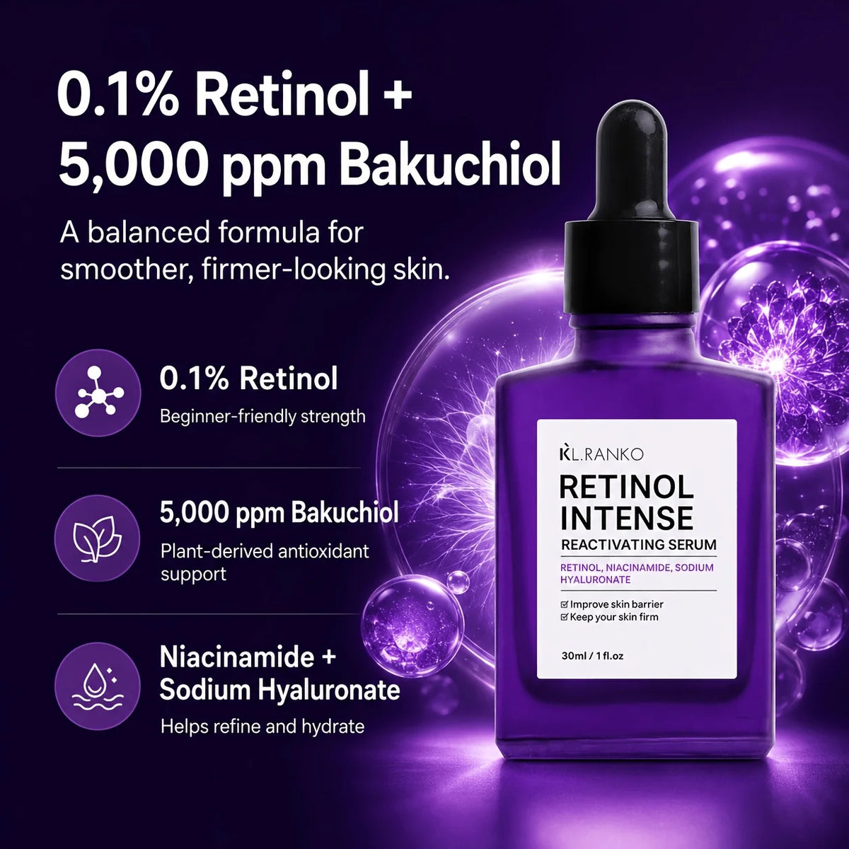 Retinol Intense Serum With Bakuchiol & Retinal | Bakuchiol Plumping Serum For Face Firming & Refining Skin Texture | Retinol Serum For Face, 1.01oz