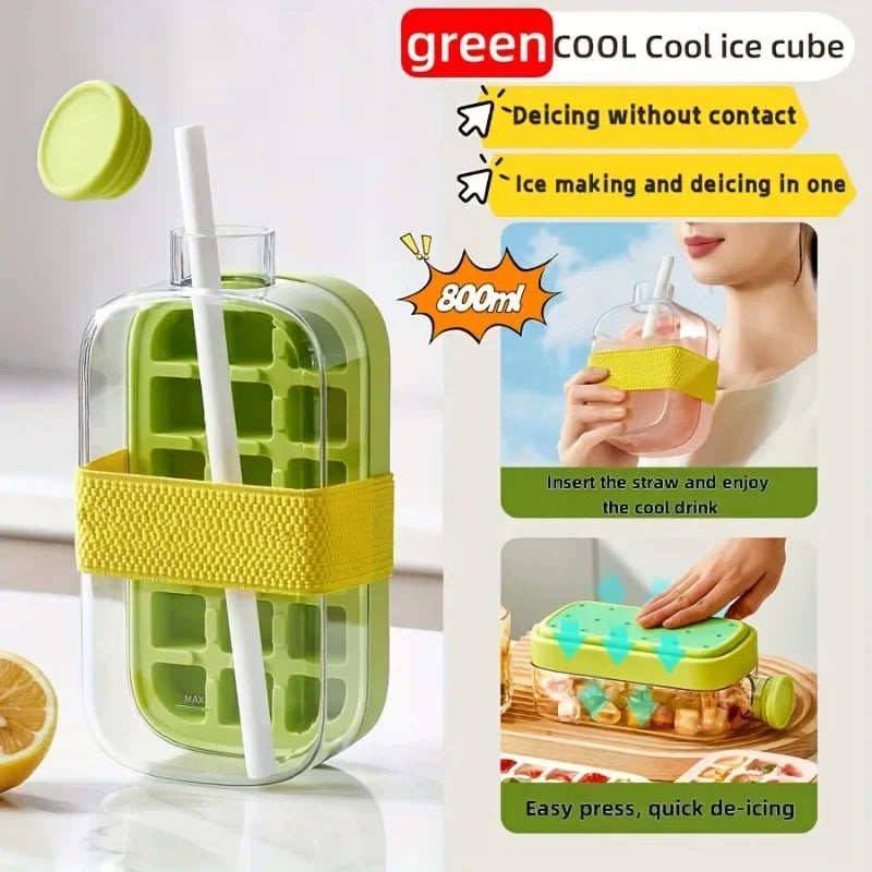 12-Grid 500/800ml Silicone Food-Grade Ice Cube Tray Large Capacity Water Bottle Combo with Lid Flexible Transparent Plastic Mold
