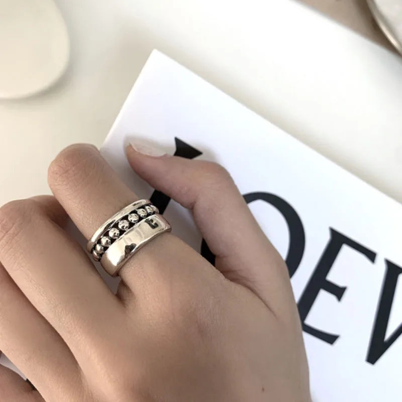 925 Silver Rings for Women Thick Wave Wide Solid Double-layer Punk Trendy Couple Female Party Birthday Gift