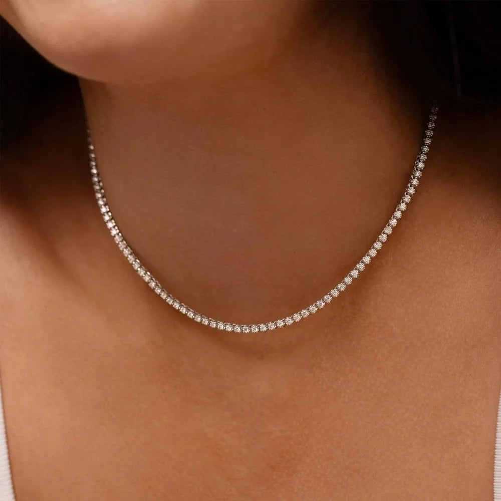 FEOBUR 2mm Moissanite Tennis Necklaces for Women S925 Silver Plated 18K Gold Adjustable Full Diamond Choker Neck Chain Jewelry