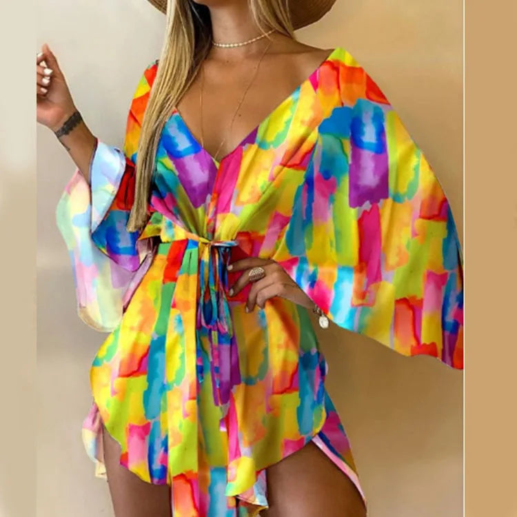 Sexy V Neck Long Batwing Sleeve Floral Print Loose Asymmetrical Dress Summer Women Irregular Leaf Print Party Boho Dresses