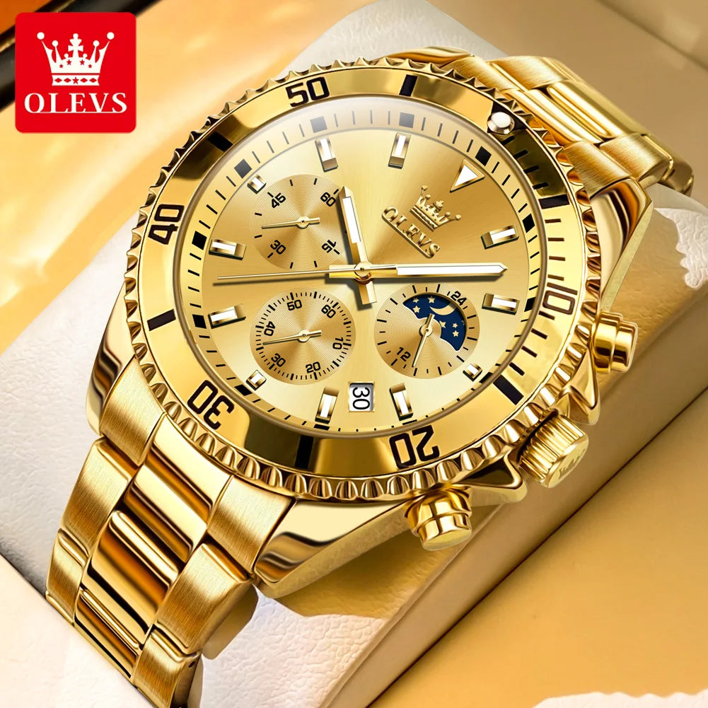 OLEVS 2870 Men's Watches Golden Stainless Steel Calendar Moon phase Chronograph 42.5mm Big Dial Men's Wristwatches Original