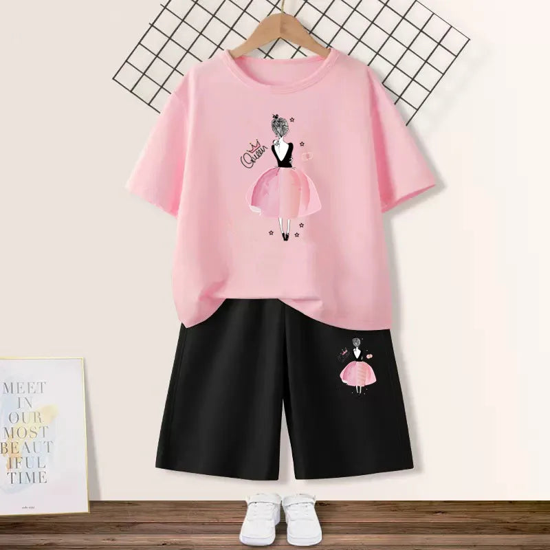 2024 Summer Girls Cotton Clothing Sets Kids Cute Cartoon Butterfly High Heel T-shirt +Shorts 2Pce Suits Childrens Tracksuits