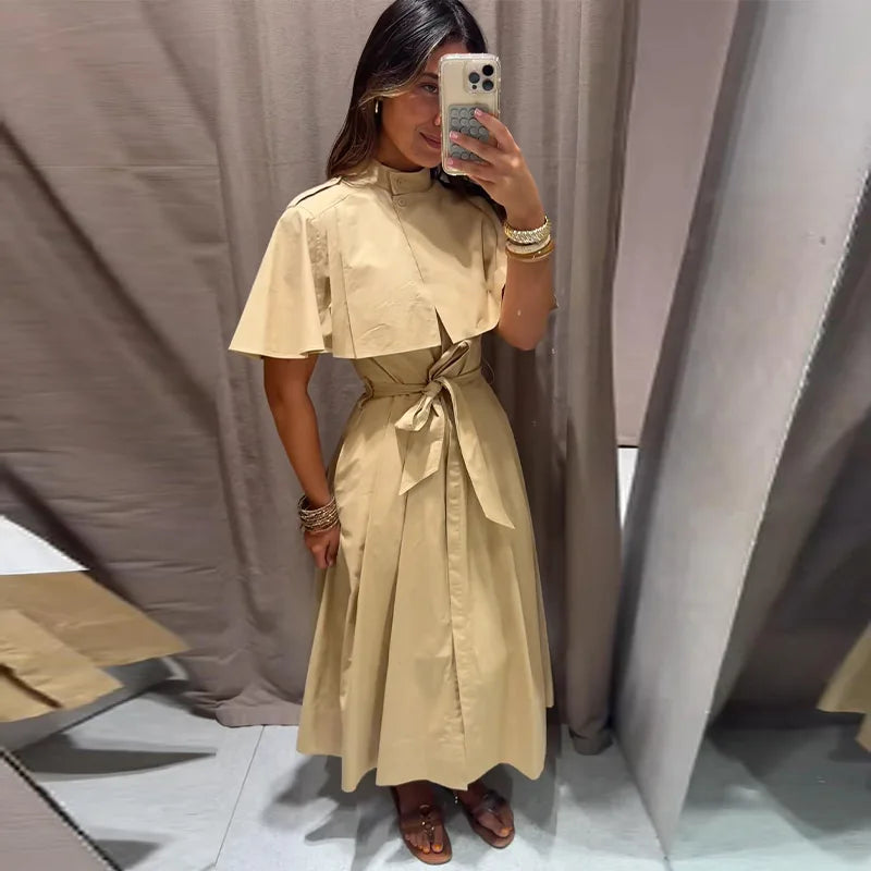 Women's Trench Style Midi Dress Stand Collar Cape Overlay Short Sleeve Belted Waist A‑Line Dresses Autumn Elegant Office Outfits