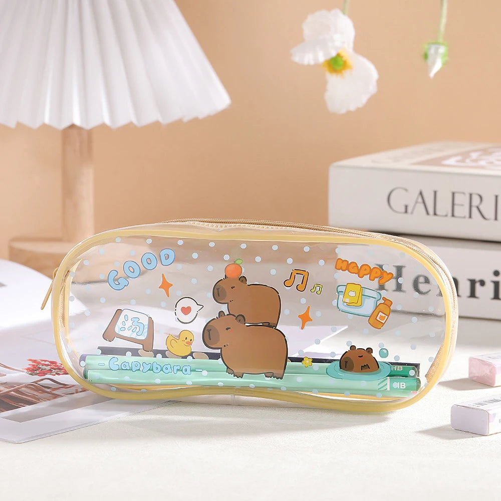 Cartoon Capybara Pencil Case Transparent Waterproof Zipper Pen Pouch Large Capacity Stationary Organizer Bag School Supplies
